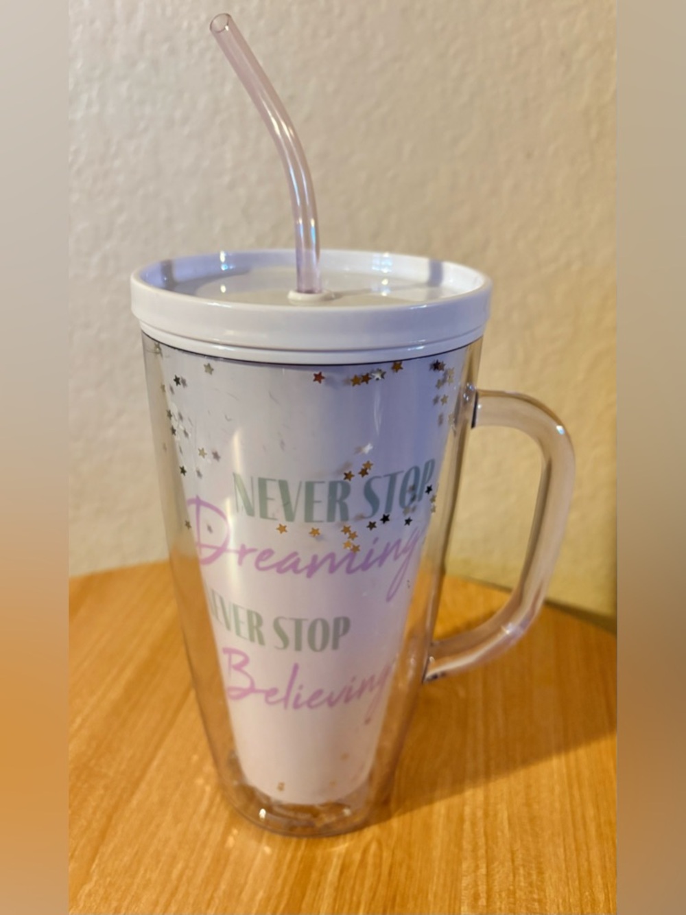 Disney Parks Tinkerbell Tumbler w/ Straw Handle Plastic Never Stop Dreaming 21oz